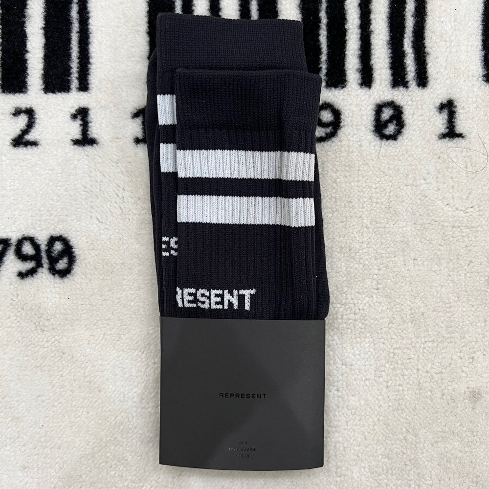 Represent Clothing England Represent SS18 Wide Awake Black White Stripes Socks. - Picture 5 of 6